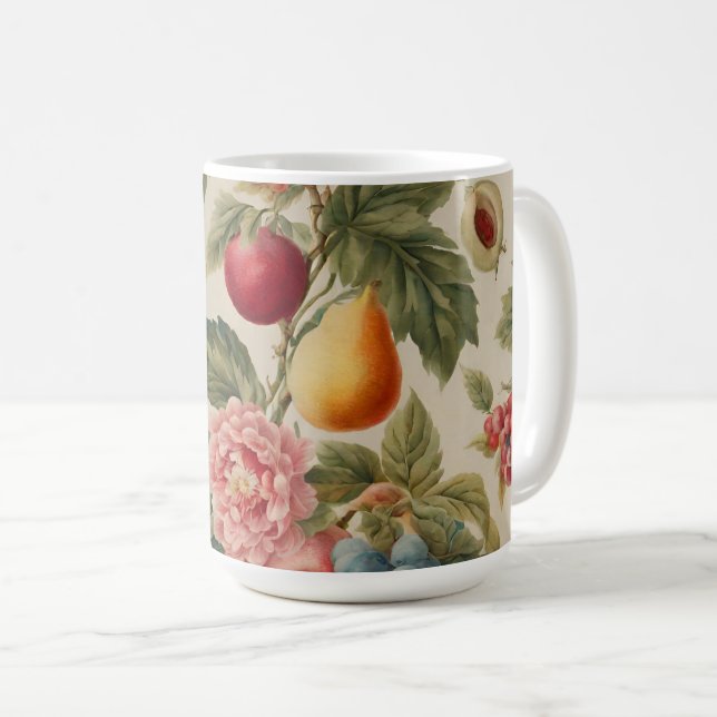 Äpplen, päron, druvor, Rosa Blommor. Fransk målad Kaffemugg (Framsida höger)