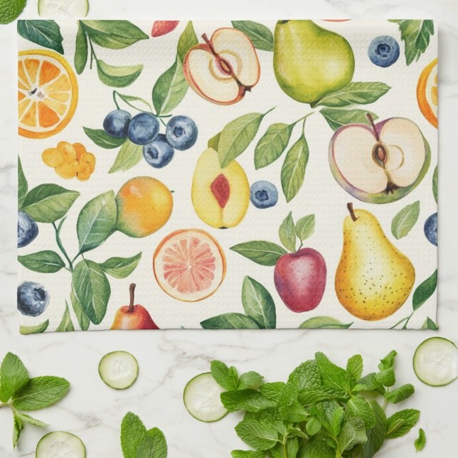 Apples Pears Blueberries Oranges Lemon Lime Fruits Kökshandduk (Vikta)