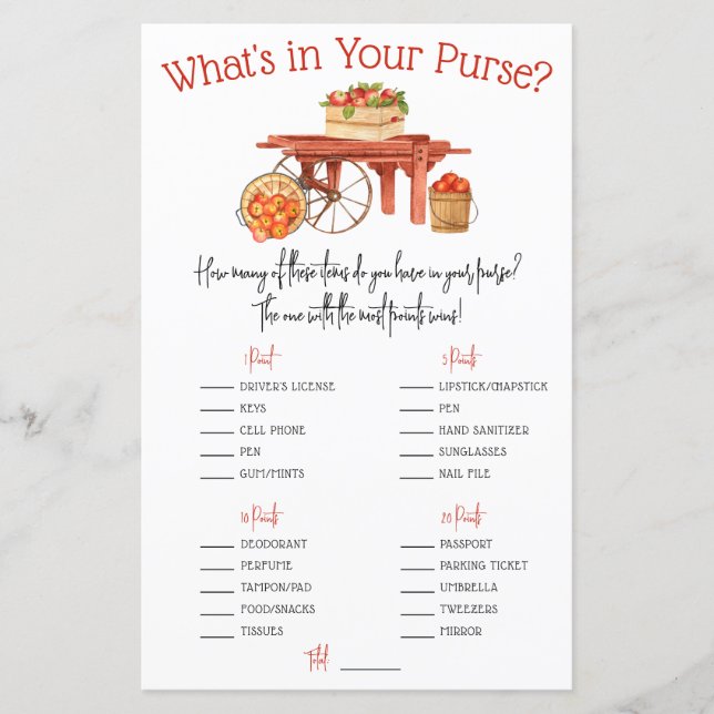 Äpplet från vår Öga vad är i din handväska? Spel (Framsida)