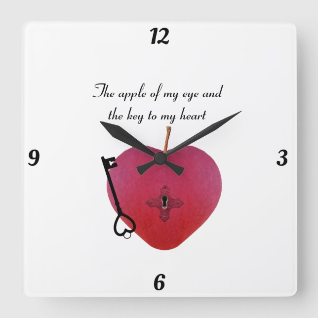 Äpplet i öga och nyckel i mitt hjärta fyrkantig klocka (Framsida)
