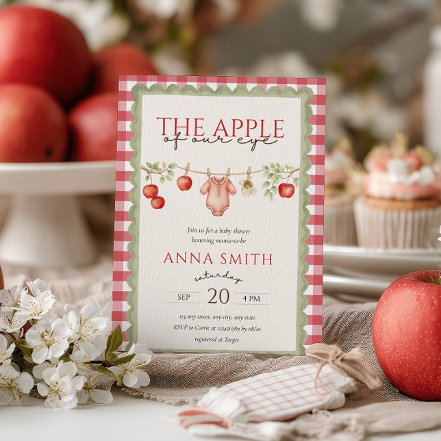 Äpplet i Vårt Öga Röd Gingham Barnkalas  Inbjudningar (The Apple Of Our Eye Baby Shower Invitation Red Gingham Farmer's Market )