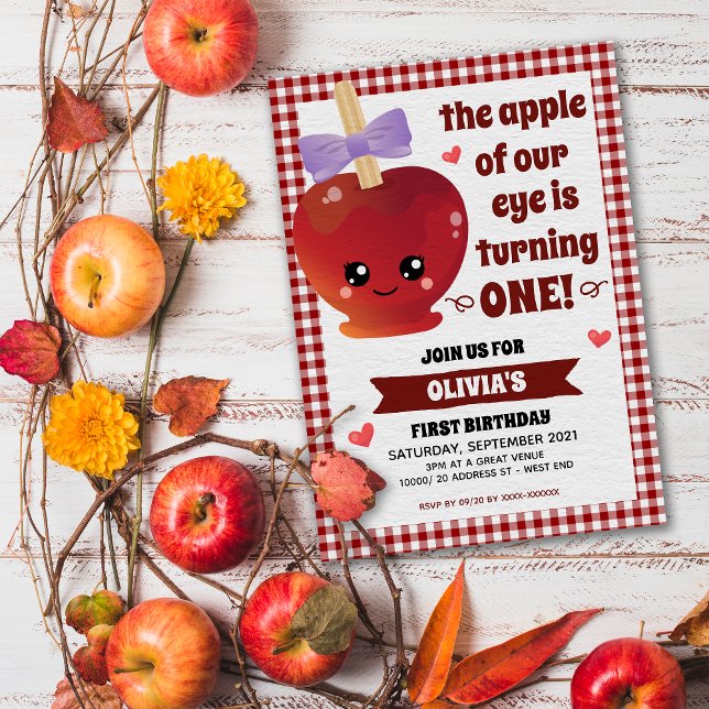 Äpplet på vår inbjudan till Öga-flicka på födelsed (Announcing our "in-cider" scoop!  A delightful and "a-peeling" apple birthday invitation. )