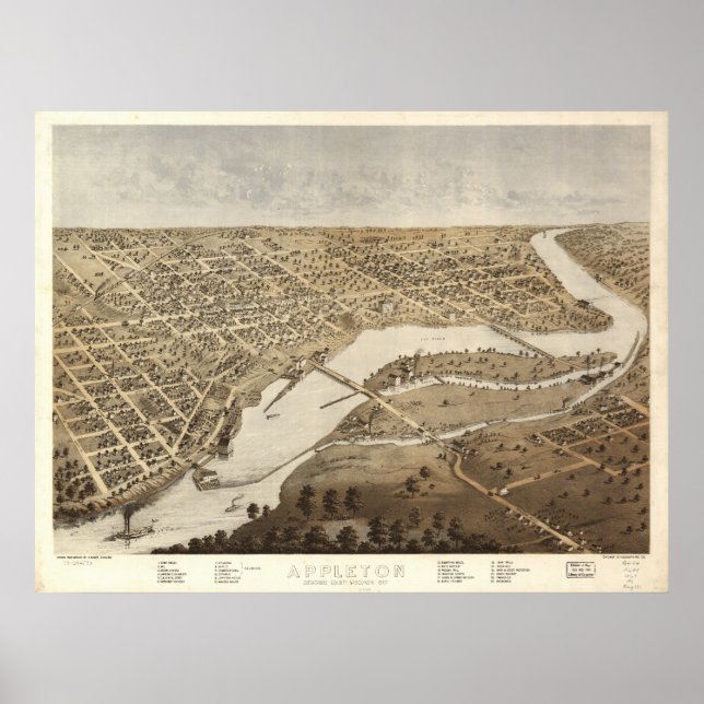 Appleton Wisconsin 1887 Antique Panoramic Karta Poster (Framsidan)