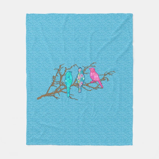 Applique Birds on a Gren, Himlar Blue Multi Fleecefilt (Framsidan)