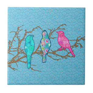 Applique Birds on a Gren, Himlar Blue Multi Kakelplatta