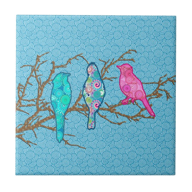 Applique Birds on a Gren, Himlar Blue Multi Kakelplatta (Framsidan)