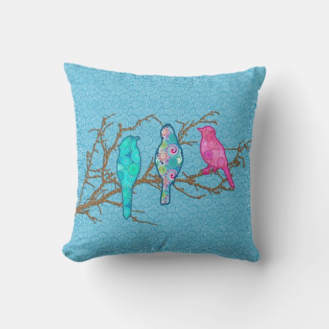 Applique Birds on a Gren, Himlar Blue Multi Kudde (Framsida)