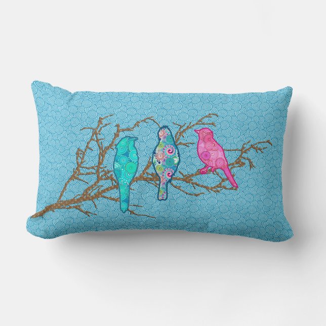 Applique Birds on a Gren, Himlar Blue Multi Lumbarkudde (Framsida)