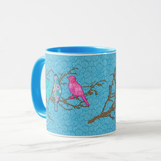 Applique Birds on a Gren, Himlar Blue Multi Mugg (Framsida vänster)