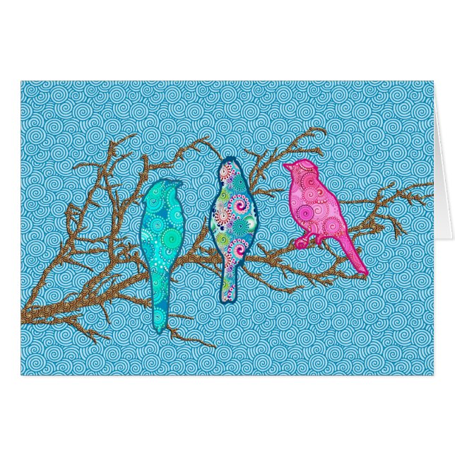 Applique Birds on a Gren, Himlar Blue Multi OBS Kort (Framsidan Horizontal)