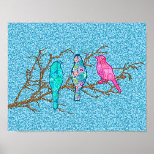 Applique Birds on a Gren, Himlar Blue Multi Poster