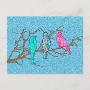 Applique Birds on a Gren, Himlar Blue Multi Vykort