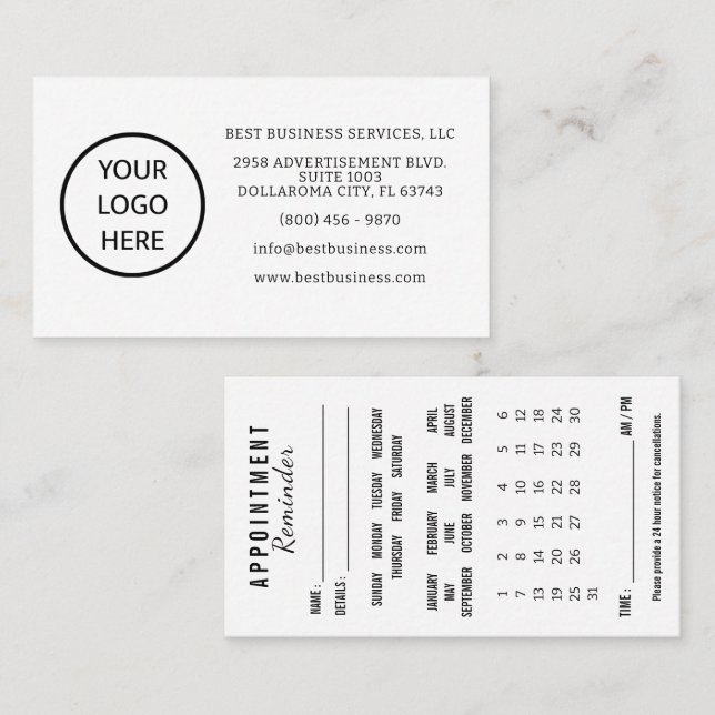 Appointment Reminder Calendar Business Card Visitkort (Fram/baksida)
