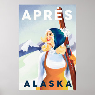 "Apres Ski Alaska" Coola Vintage Pinup Girl Skiing Poster