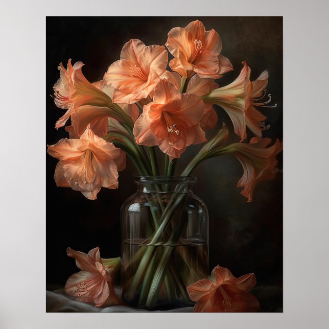 Apricot Amaryllis Flowers Art Print Poster (Framsidan)