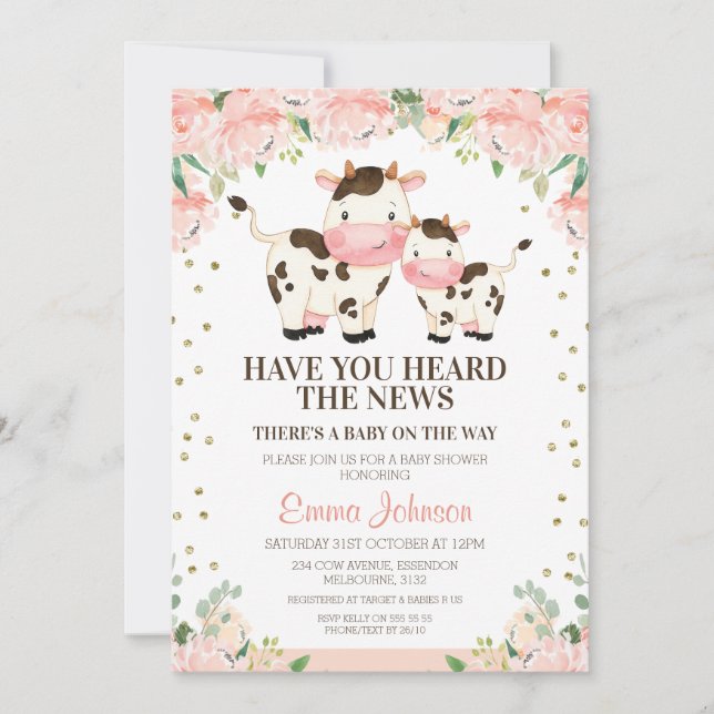 Apricot Blommigt Heard News Cow Baby Shower Inbjudningar (Framsida)