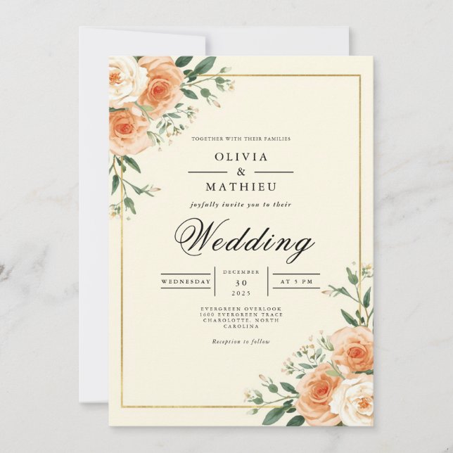 Apricot Bloom Corner Flourish Bröllop Inbjudningar (Framsida)
