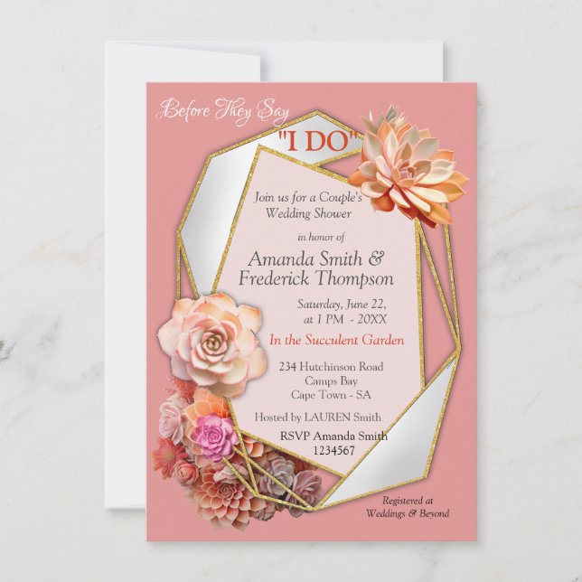 Apricot Crush Färg 2024 med Succulents Inbjudningar (Framsida)