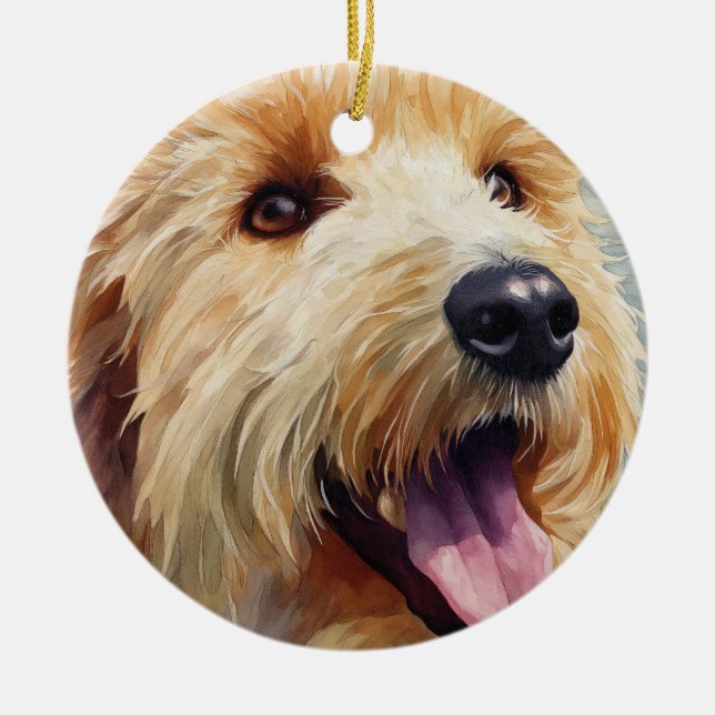 Apricot golden doodle watercolor julgransprydnad keramik (Framsidan)