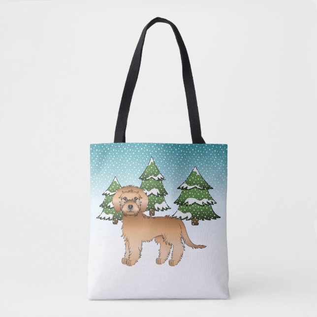 Apricot Mini Goldendoodle Hund I En Vinter Skog Tygkasse (Framsida)
