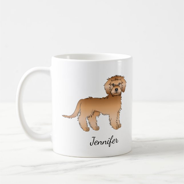 Apricot Mini Goldendoodle Tecknad hund & Namn Kaffemugg (Vänster)
