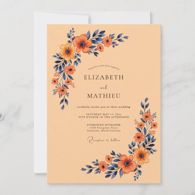 Apricot Navy Blue Distinctive Autumnal Wedding Inbjudningar (Framsida)