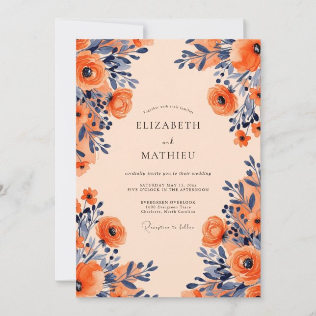Apricot Navy Opulent Floral Wedding Inbjudningar (Framsida)