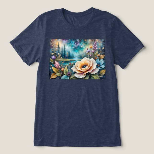 Apricot och Blue Cosmos flodlandskap T Shirt (Design Framsida)