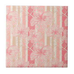 Apricot peach rosa blommigt stripe mönster kakelplatta