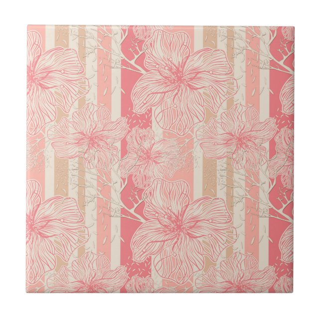Apricot peach rosa blommigt stripe mönster kakelplatta (Framsidan)