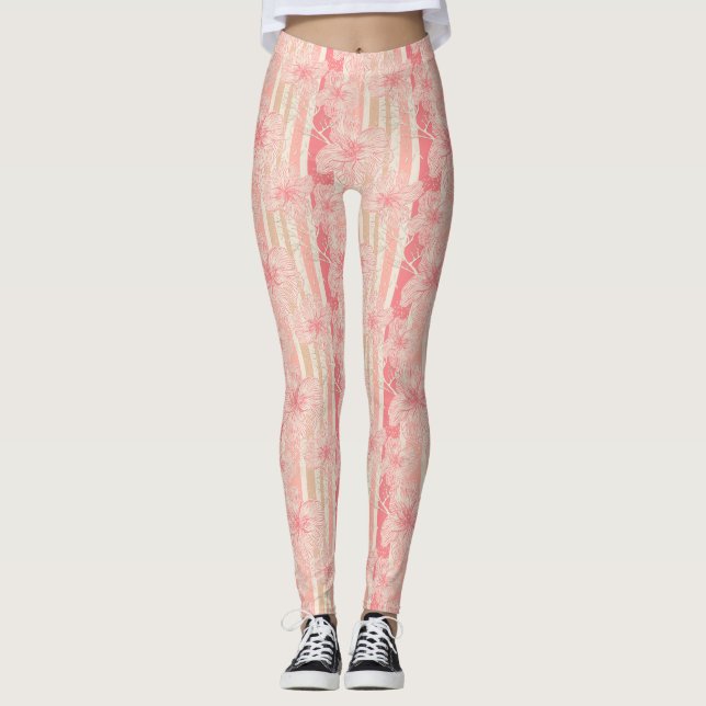 Apricot peach rosa blommigt stripe mönster leggings (Framsida)