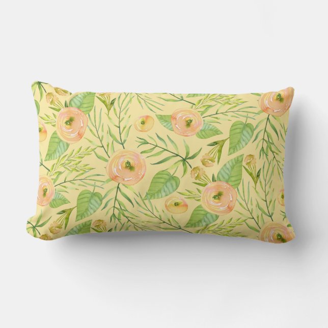 Apricot Peony Blommigt Watercolor Lumbar Pillow Lumbarkudde (Framsida)