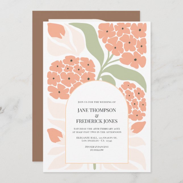 Apricot Pop Abstract Floral Modern Spring Wedding Inbjudningar (Fram/baksida)