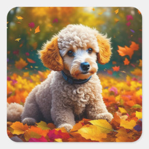Apricot Pudel Puppy i Höst löv Fyrkantigt Klistermärke