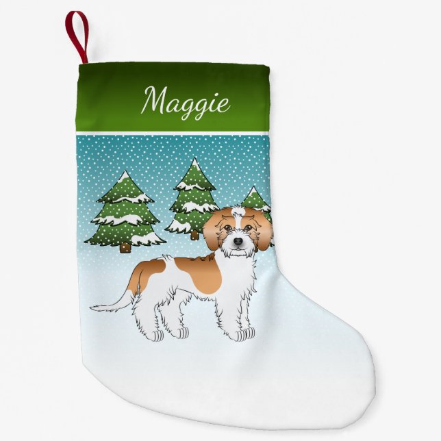 Apricot & Vit Mini Goldendoodle Vinter Skog Liten Julstrumpa (Framsidan)
