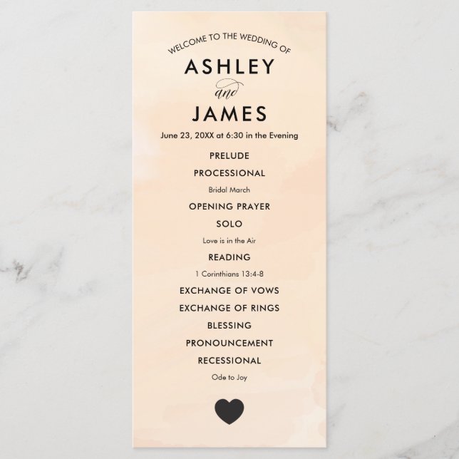 Apricot Watercolor Bröllopsprogram for Ceremony Program (Framsida)