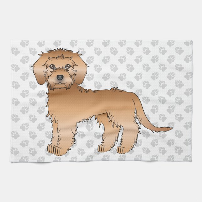 Aprikos Mini Goldendoodle Söt Tecknad Hund & Tassa Kökshandduk (Horisontell)