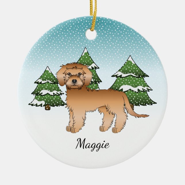 Aprikos Mini Goldendoodle - Vinter Skog & Namn Julgransprydnad Keramik (Framsidan)