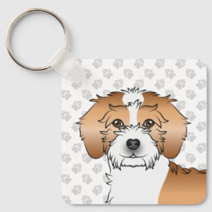 Aprikos Parti-färg Mini Goldendoodle Hund & Namn Nyckelring