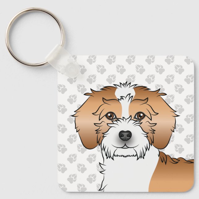 Aprikos Parti-färg Mini Goldendoodle Hund & Namn Nyckelring (Framsida)