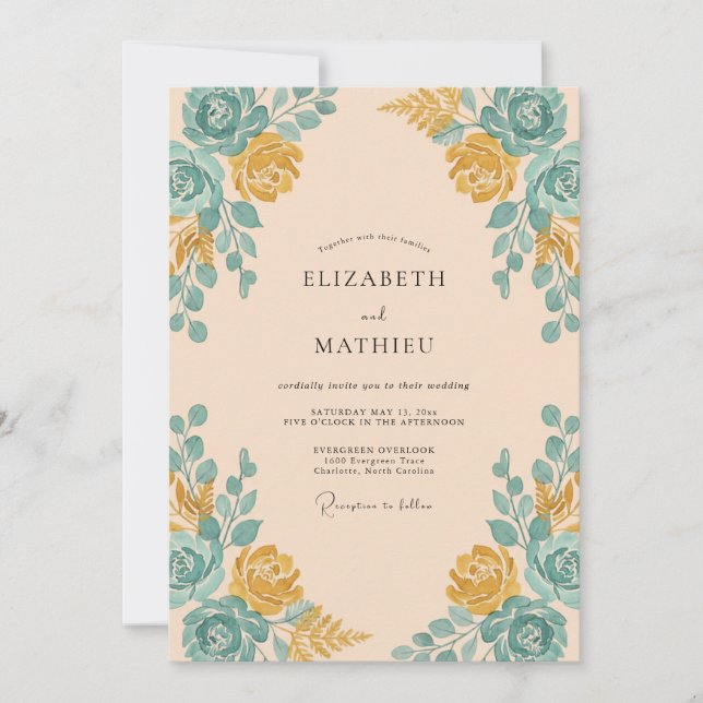 Aprikos Teal Ros Ark Bröllop Inbjudningar (Framsida)