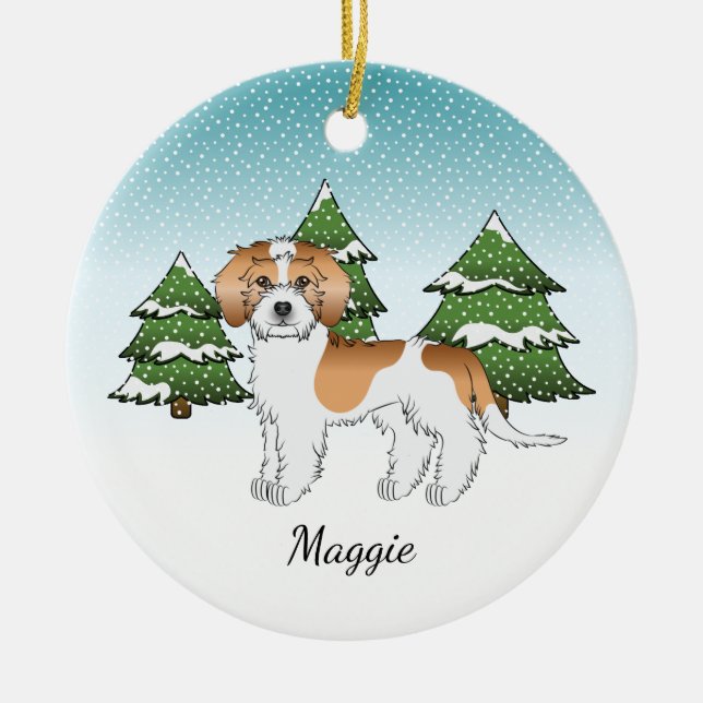 Aprikos & Vit Mini Goldendoodle Vinter Skog Julgransprydnad Keramik (Framsidan)