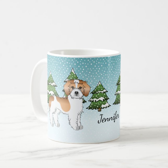 Aprikos & Vit Mini Goldendoodle Vinter Skog Kaffemugg (Framsida vänster)