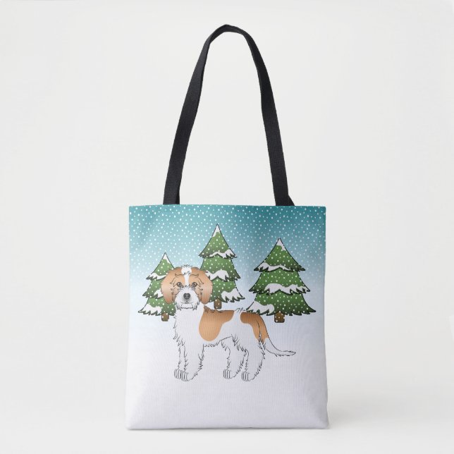 Aprikos & Vit Mini Goldendoodle Vinter Skog Tygkasse (Framsida)