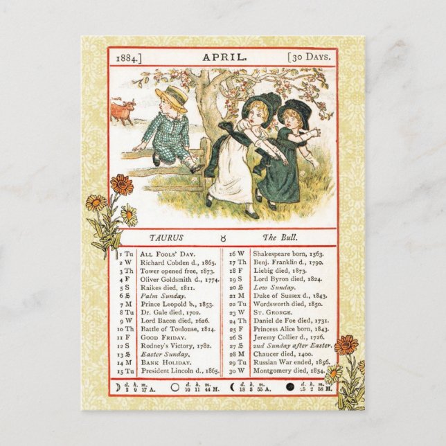 April 1884 Almanac. Taurus, Bull Vykort (Framsida)