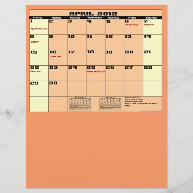 April. 2012 Kalender 13 månaders universalflygare. Reklamblad (Framsidan)