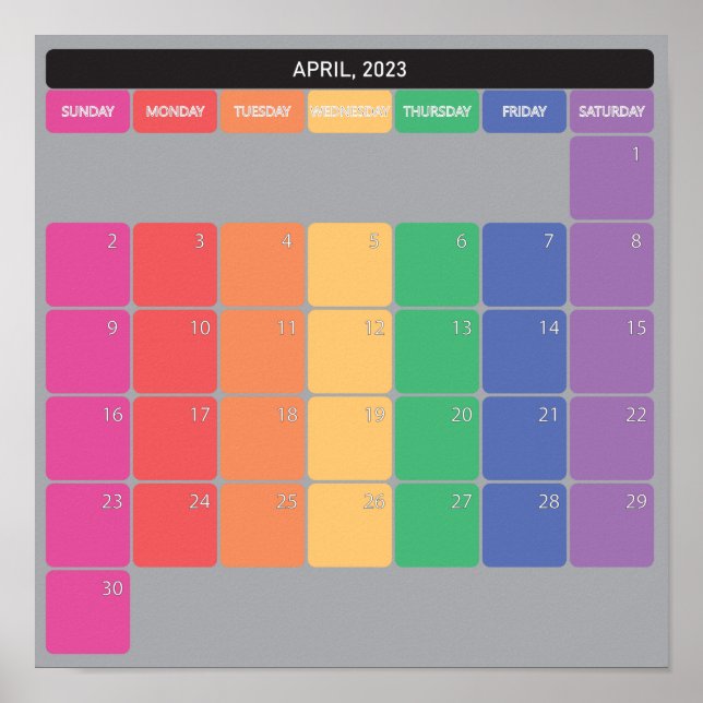 April 2023 planer kalender färgade dagar poster (Framsidan)