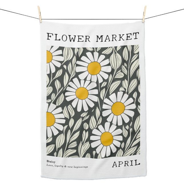 April Birkeland Market White Daisy Blommigt Print Kökshandduk (Personalized April Birth Flower Market Kitchen Towel, Custom Floral Print Kitchen Towel, Daisy Print)