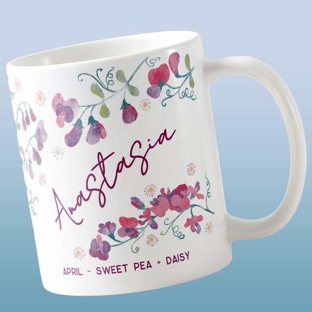 April Birth Flower Custom Name Sweet Pea Daisy Kaffemugg (April birth month flower sweet pea Daisy personalized custom name coffee mug)