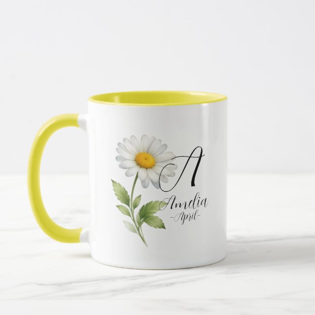 April Birth Flower – Daisy Monogram Design Mugg (Vänster)
